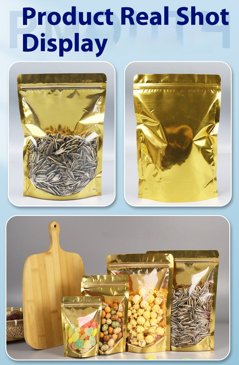 Golden Aluminum Stand-Up Resealable Bag 50pcs for Food Self Sealing Storage