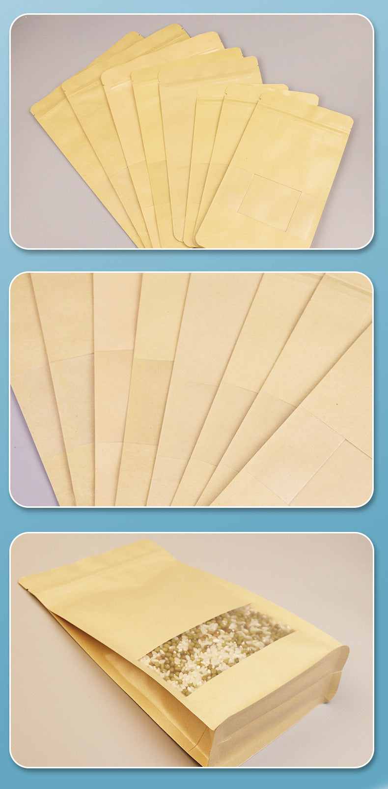 Kraft Paper Flat Bottom Standing Storage Packaging Bags 50pcs of Reusable Heat Seal Side Zipper Pouches