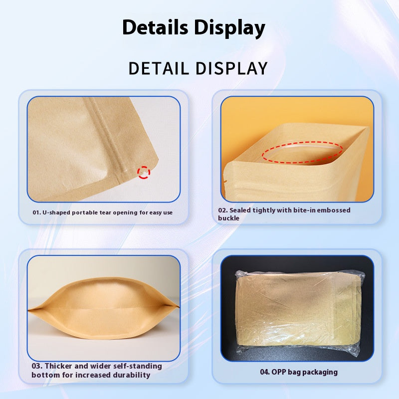 50pcs of Kraft Paper Stand Up Resealable Pouch Bag and Tear Notch for Multipurpose Storage