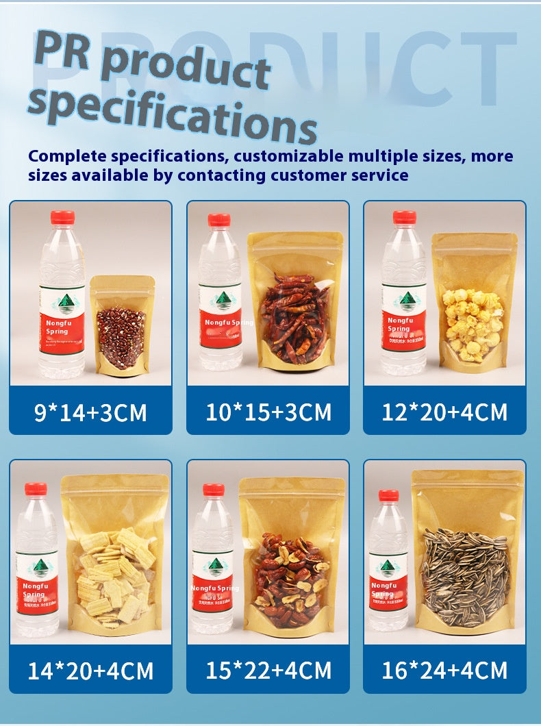 50pcs of Resealable Stand Up Kraft Bags with Window Clear Front Zipper Lock Food Storage Bags