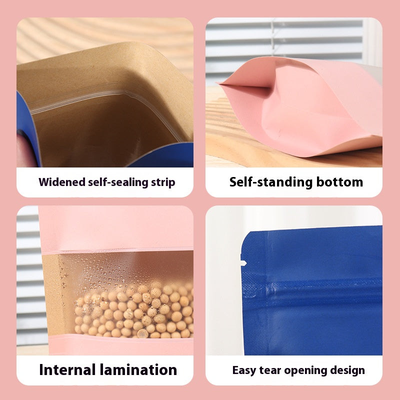 50 pcs Colorful Kraft Bags with Window Stand Up Ziplock Seal Paper Bag Resealable Food Storage Pouch