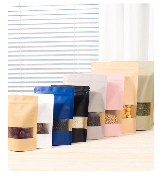50 pcs Colorful Kraft Bags with Window Stand Up Ziplock Seal Paper Bag Resealable Food Storage Pouch