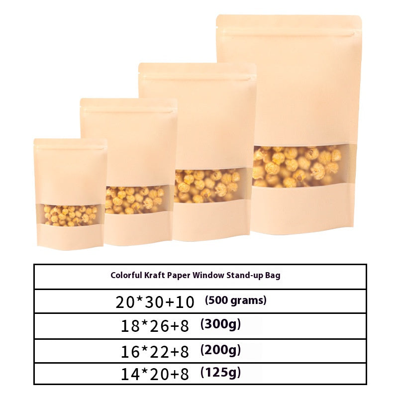 50 pcs Colorful Kraft Bags with Window Stand Up Ziplock Seal Paper Bag Resealable Food Storage Pouch