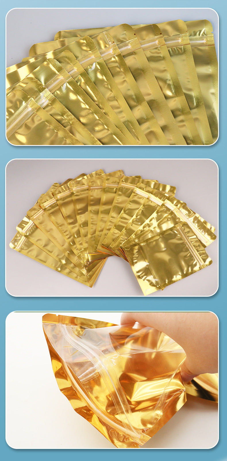 Golden Aluminum Stand-Up Resealable Bag 50pcs for Food Self Sealing Storage