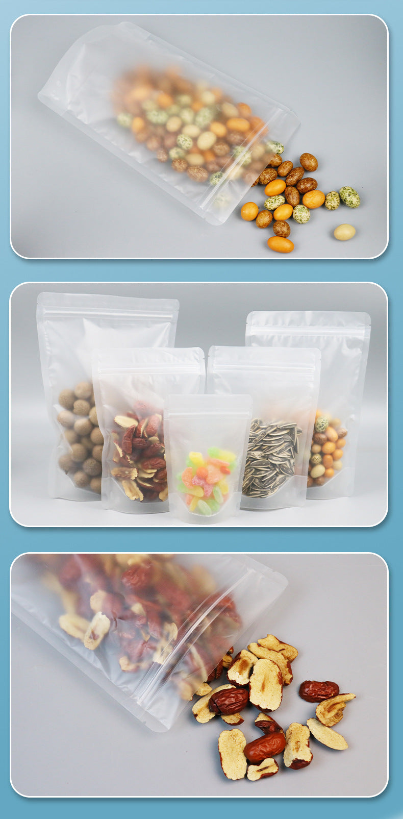50pcs of Sandblast Zipper Stand-up Reusable Sealing Pouches with Tear Notch Heat Resealable for Storing Cookie Snack Tea and Drinking