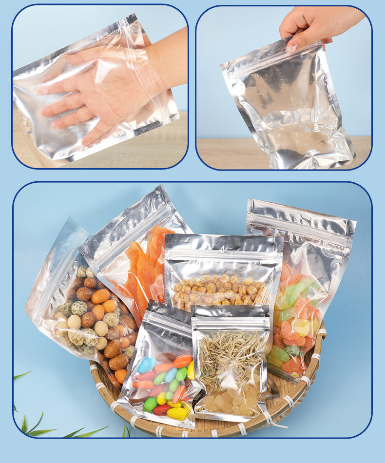 50pcs of Resealable Aluminum Foil Clear Pouch Reusable Zipper Lock Food Packaging Heat Seal Bags