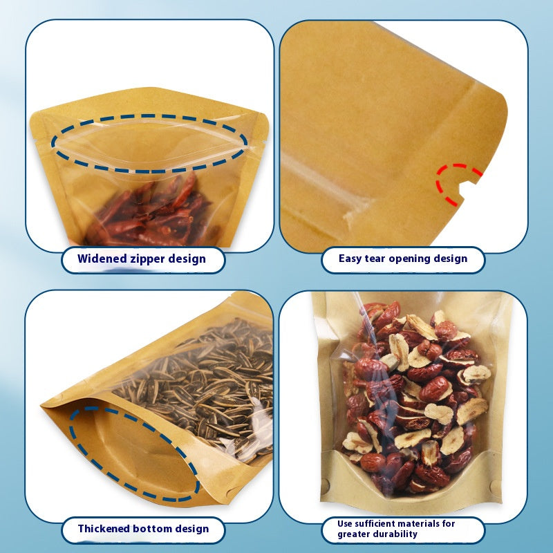 50pcs of Resealable Stand Up Kraft Bags with Window Clear Front Zipper Lock Food Storage Bags