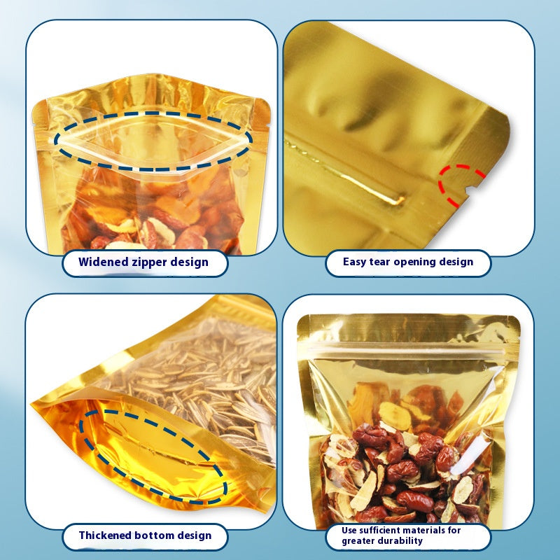 Golden Aluminum Stand-Up Resealable Bag 50pcs for Food Self Sealing Storage